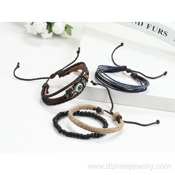 Multi Layers Wooden Bead Bracelet Eye Charm Leather Bangle